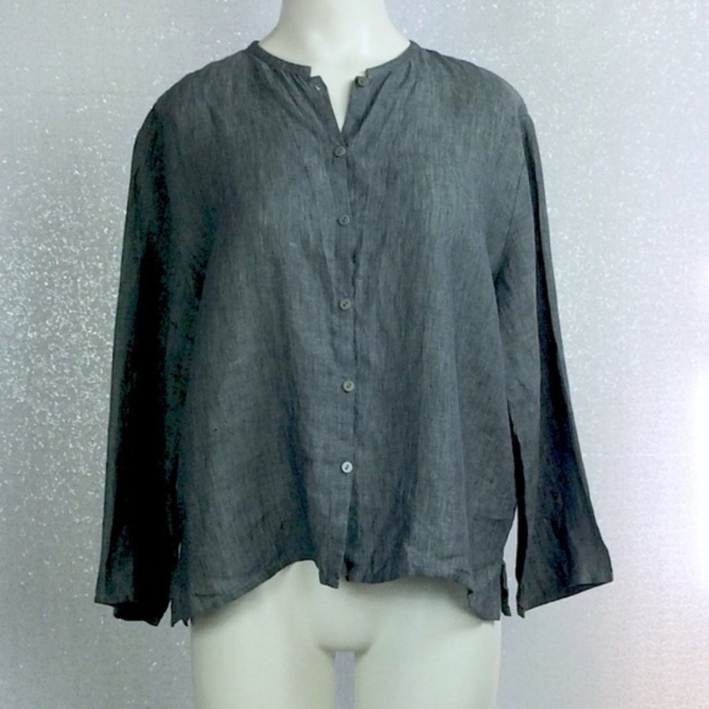 Eileen Fisher Blouse Gray Button Front Long Sleeve